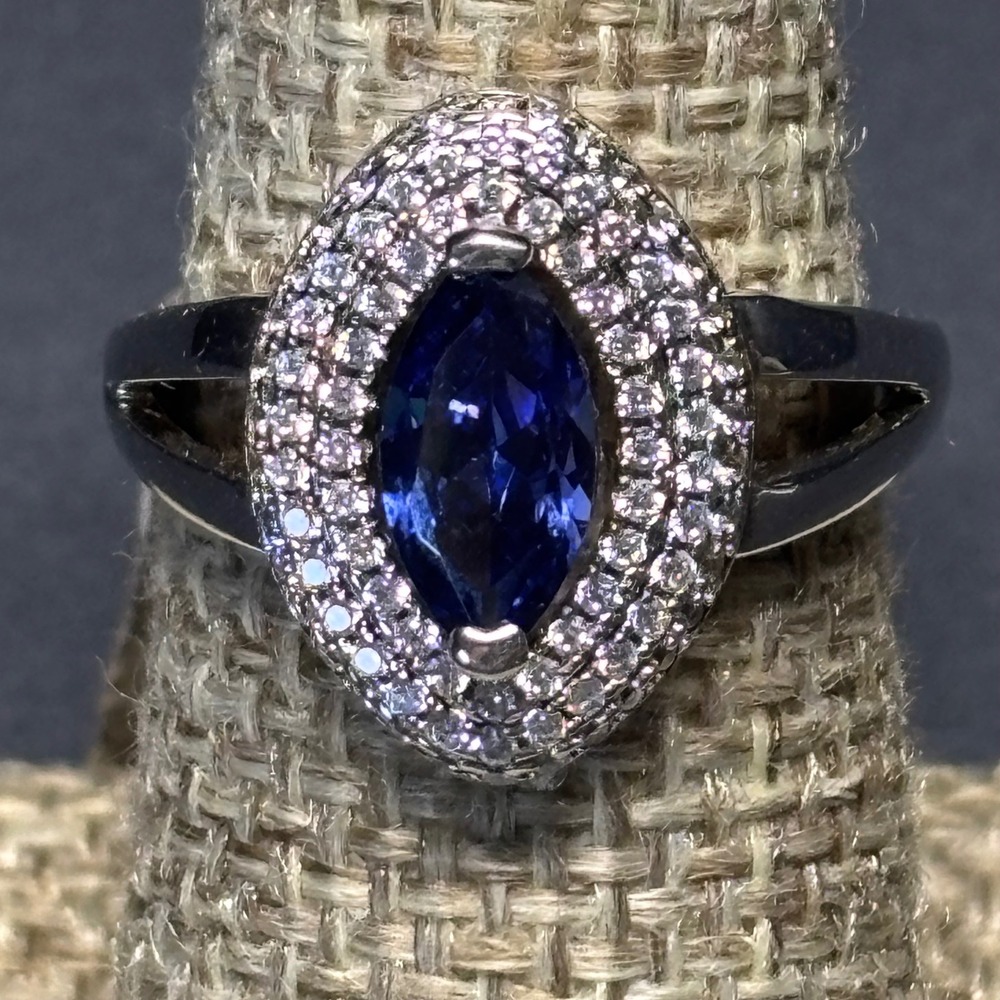 New 925 Sterling Silver Blue CZ Halo Ring Marquise Size 7 NOS $199 Sim. Sapphire